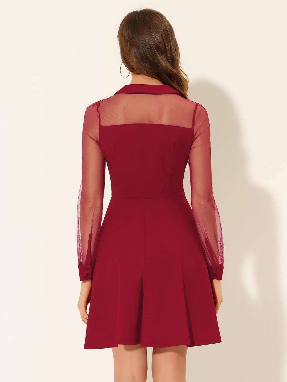 imageAllegra K Cocktail Party Dress for Womens Sheer Mesh Panel Long Sleeve Mini ALine DressesRed