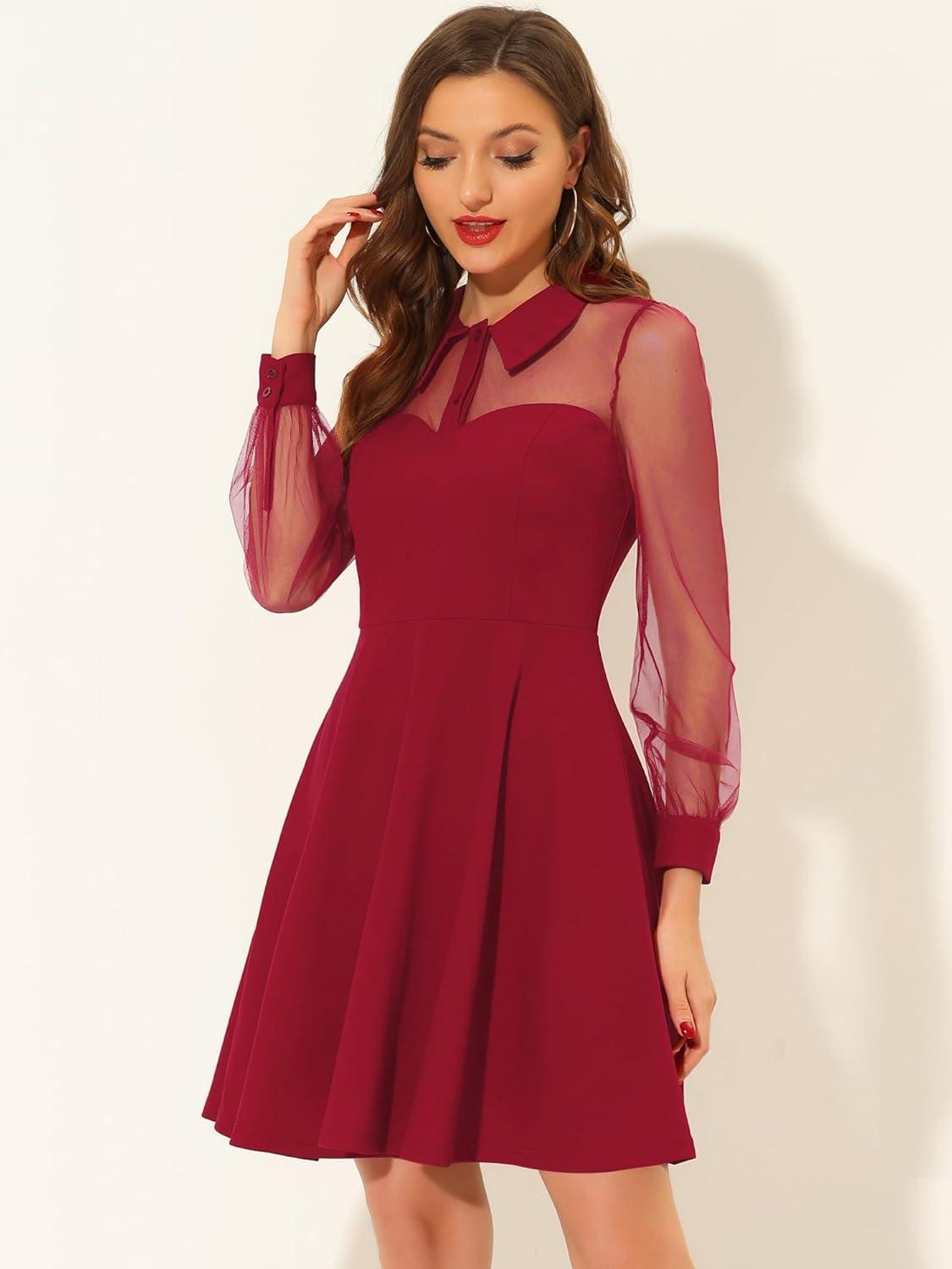 imageAllegra K Cocktail Party Dress for Womens Sheer Mesh Panel Long Sleeve Mini ALine DressesRed