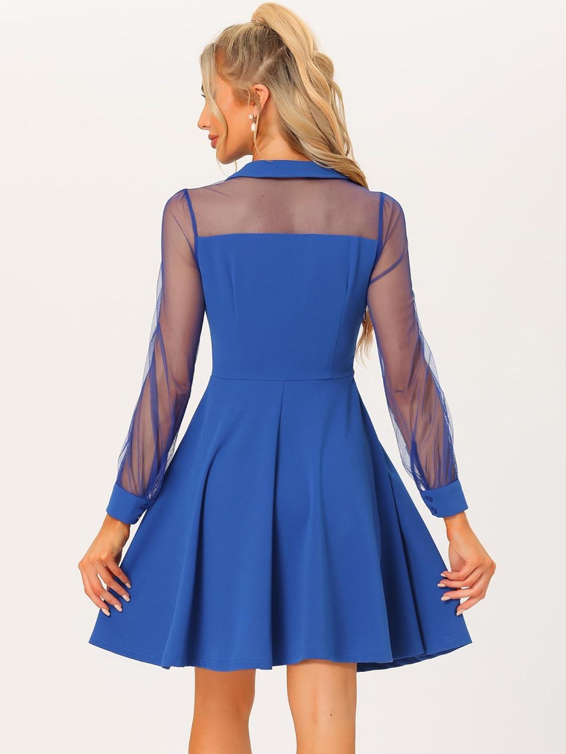 imageAllegra K Cocktail Party Dress for Womens Sheer Mesh Panel Long Sleeve Mini ALine DressesRoyal Blue