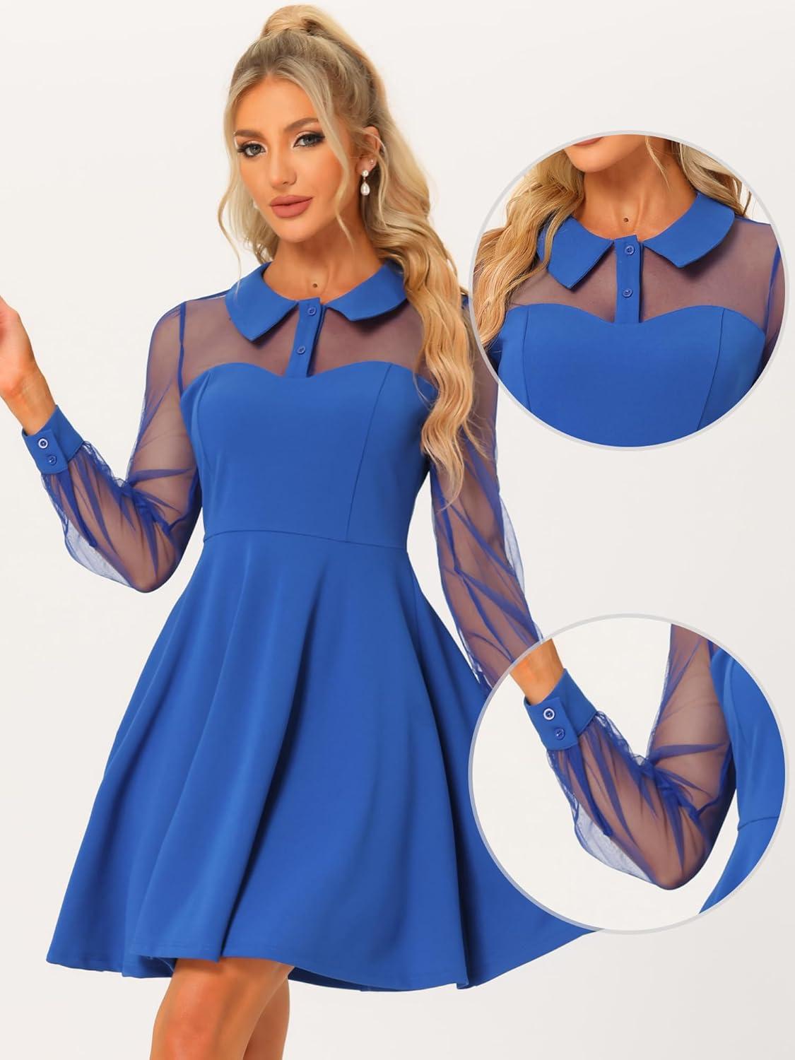 imageAllegra K Cocktail Party Dress for Womens Sheer Mesh Panel Long Sleeve Mini ALine DressesRoyal Blue