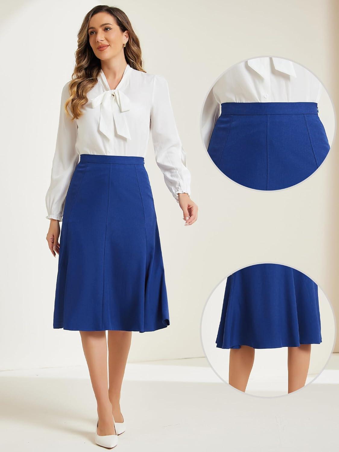 imageAllegra K Midi Skirt for Women Side Zipper High Waist Elegant Flared Flowy A Line Work SkirtsRoyal Blue