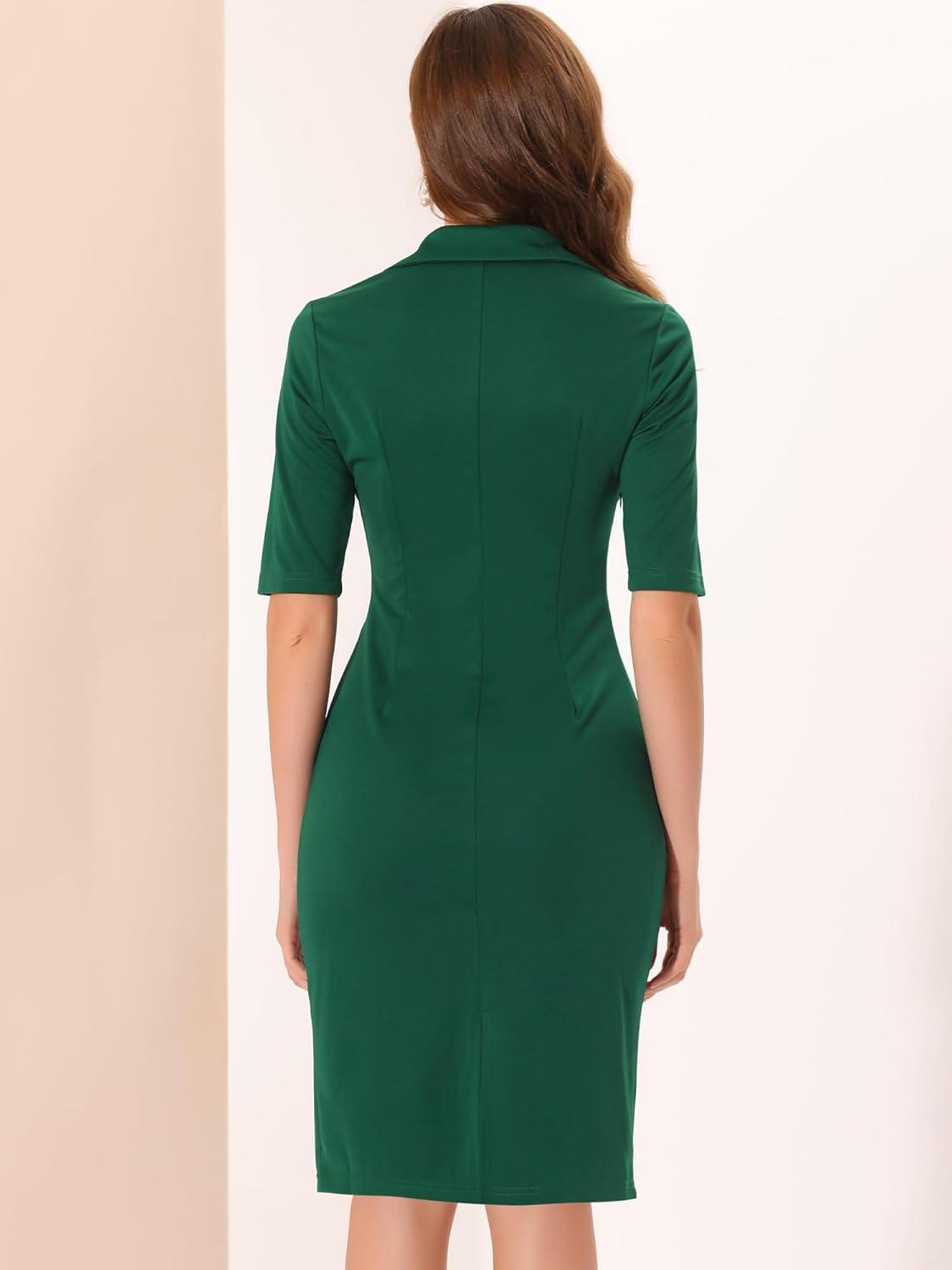 imageAllegra K Vintage Sheath Dress for Womens Flat Collar Bodycon 1950s Business Office Pencil DressesGreen