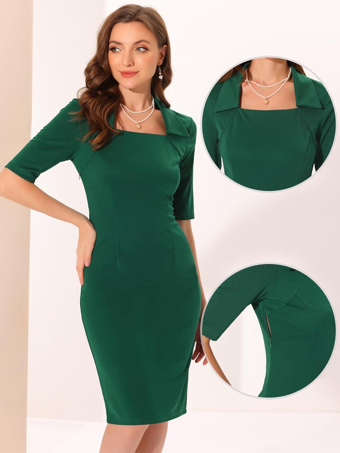 imageAllegra K Vintage Sheath Dress for Womens Flat Collar Bodycon 1950s Business Office Pencil DressesGreen