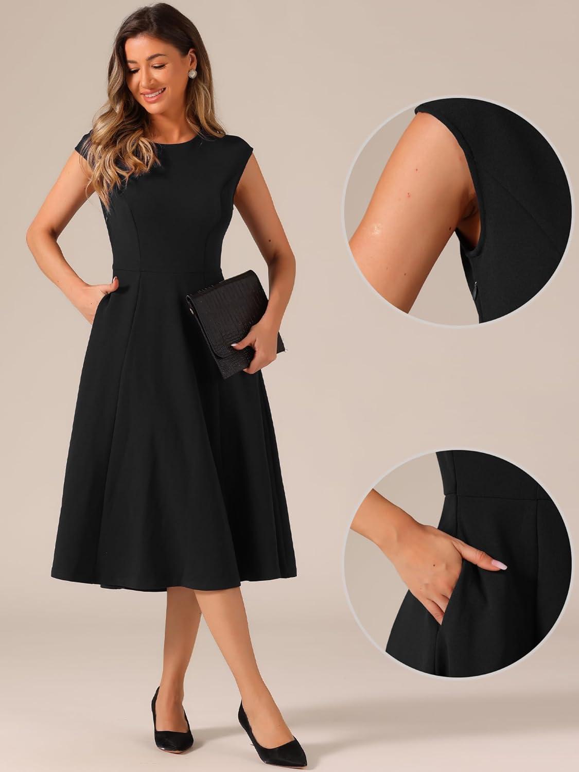 imageAllegra K Wear to Work Office Dress for Womens 2025 Cap Sleeve with Pockets ALine DressBlack