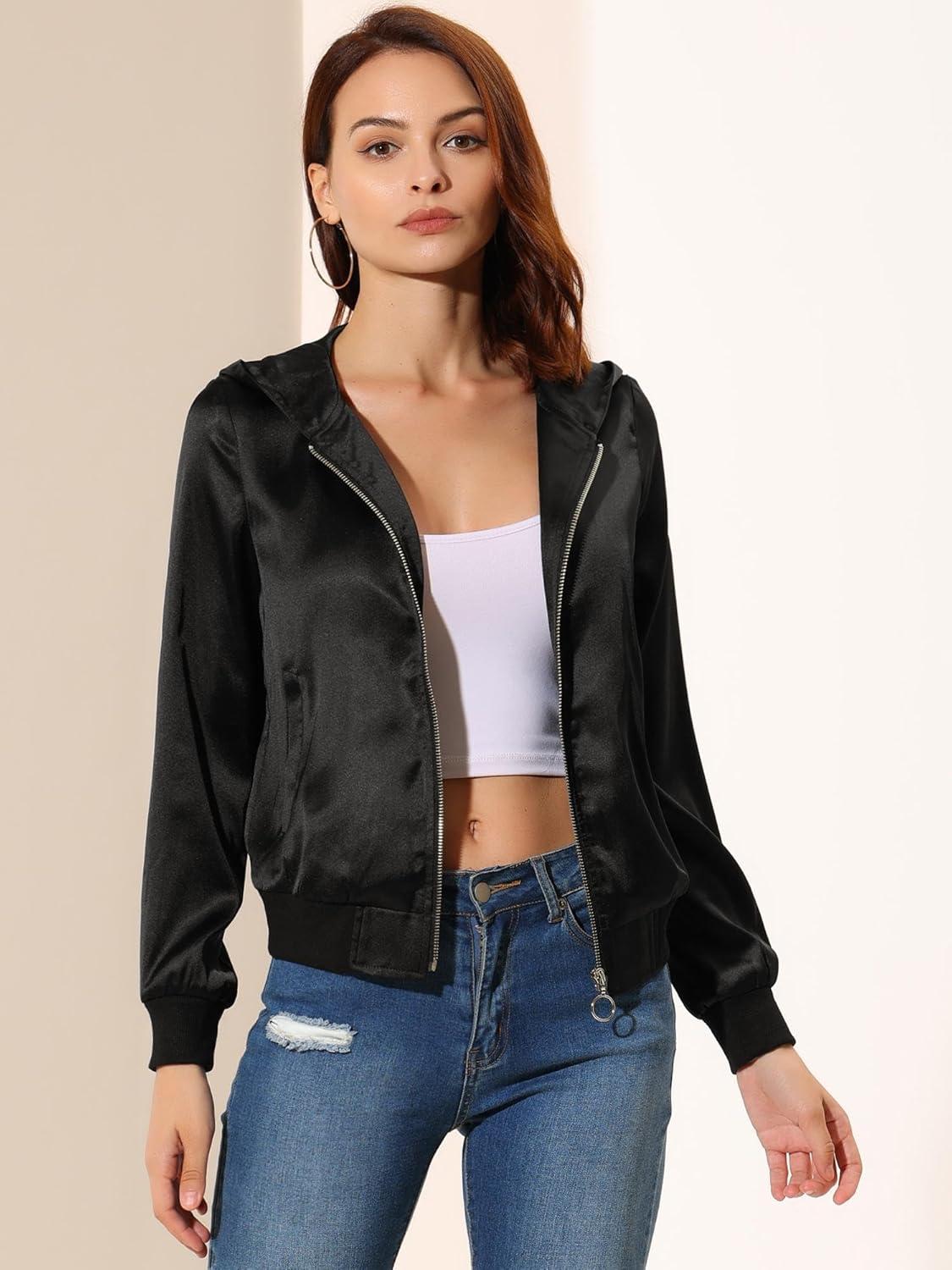 imageAllegra K Womens Casual Bomber Jacket Satin Zip Up Lightweight Hooded Windbreaker OuterwearBlack