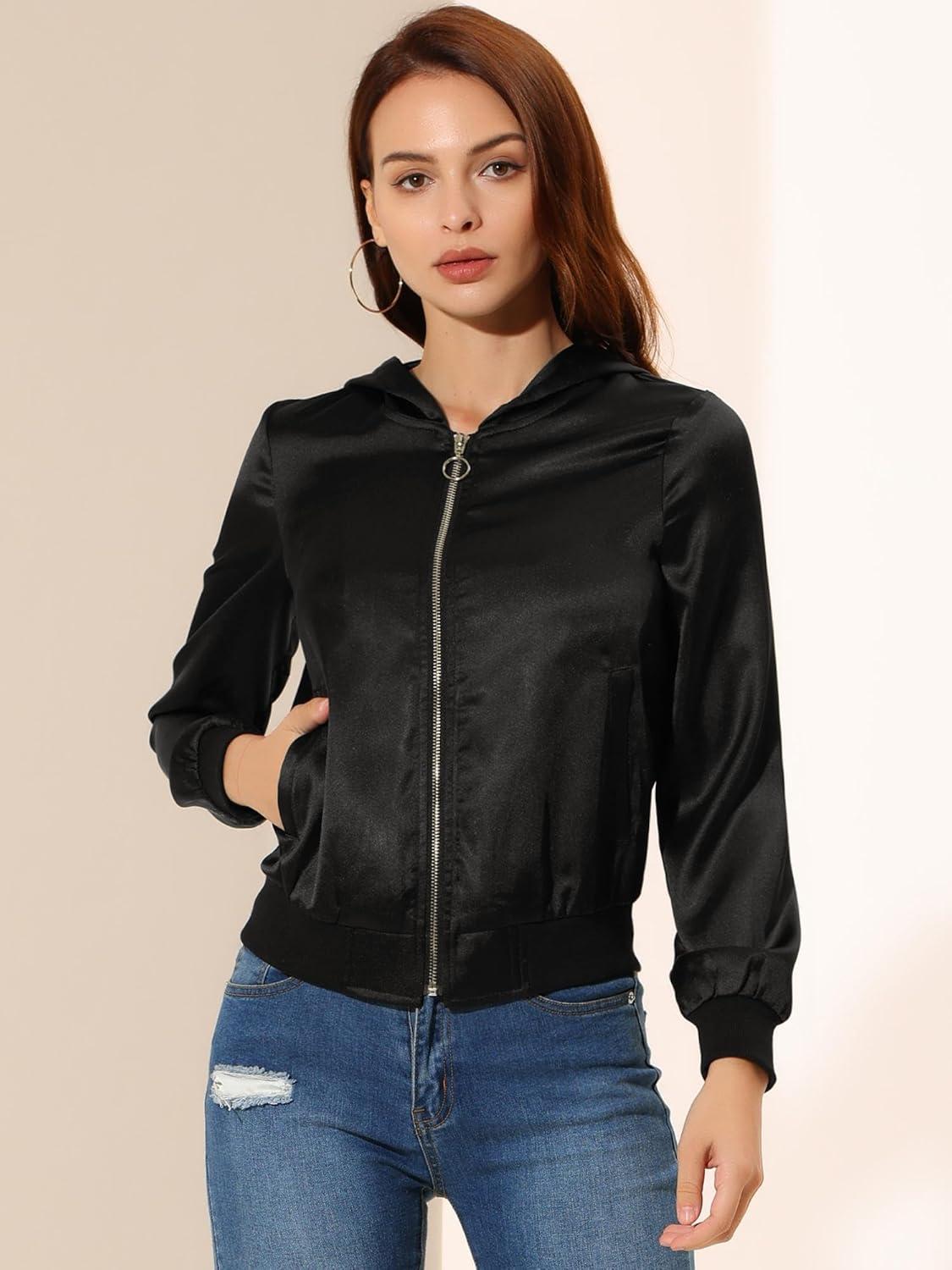 imageAllegra K Womens Casual Bomber Jacket Satin Zip Up Lightweight Hooded Windbreaker OuterwearBlack