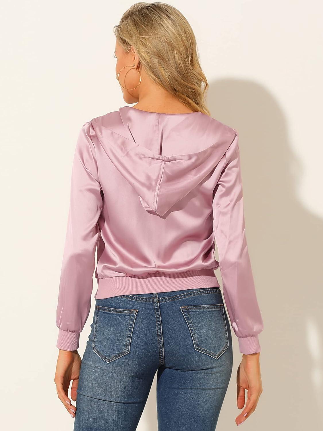 imageAllegra K Womens Casual Bomber Jacket Satin Zip Up Lightweight Hooded Windbreaker OuterwearDirty Pink