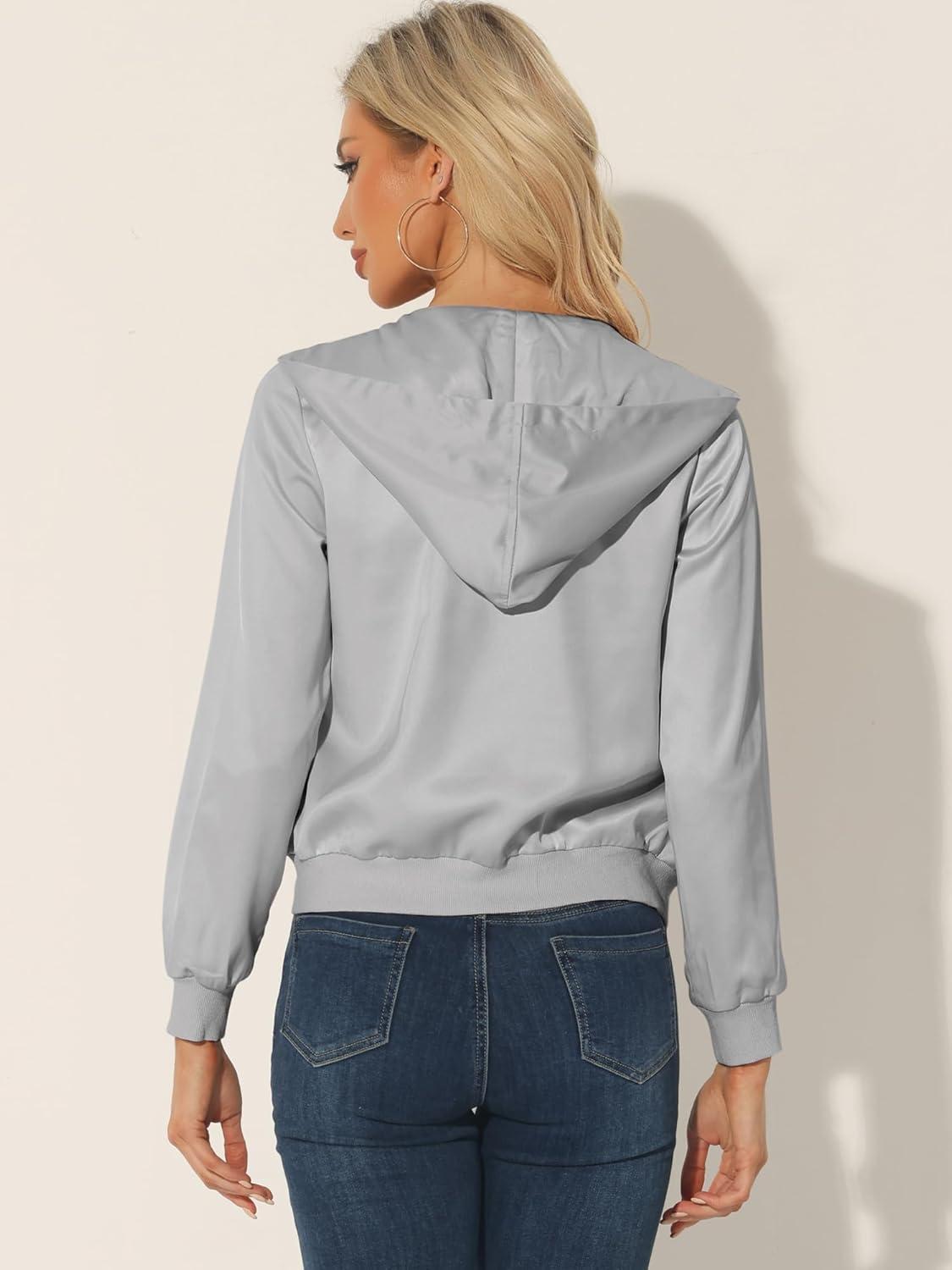 imageAllegra K Womens Casual Bomber Jacket Satin Zip Up Lightweight Hooded Windbreaker OuterwearGrey