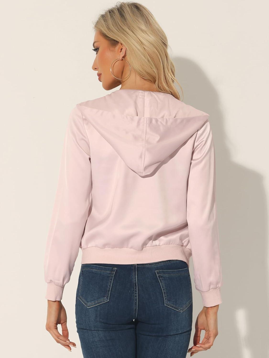 imageAllegra K Womens Casual Bomber Jacket Satin Zip Up Lightweight Hooded Windbreaker OuterwearSalmon