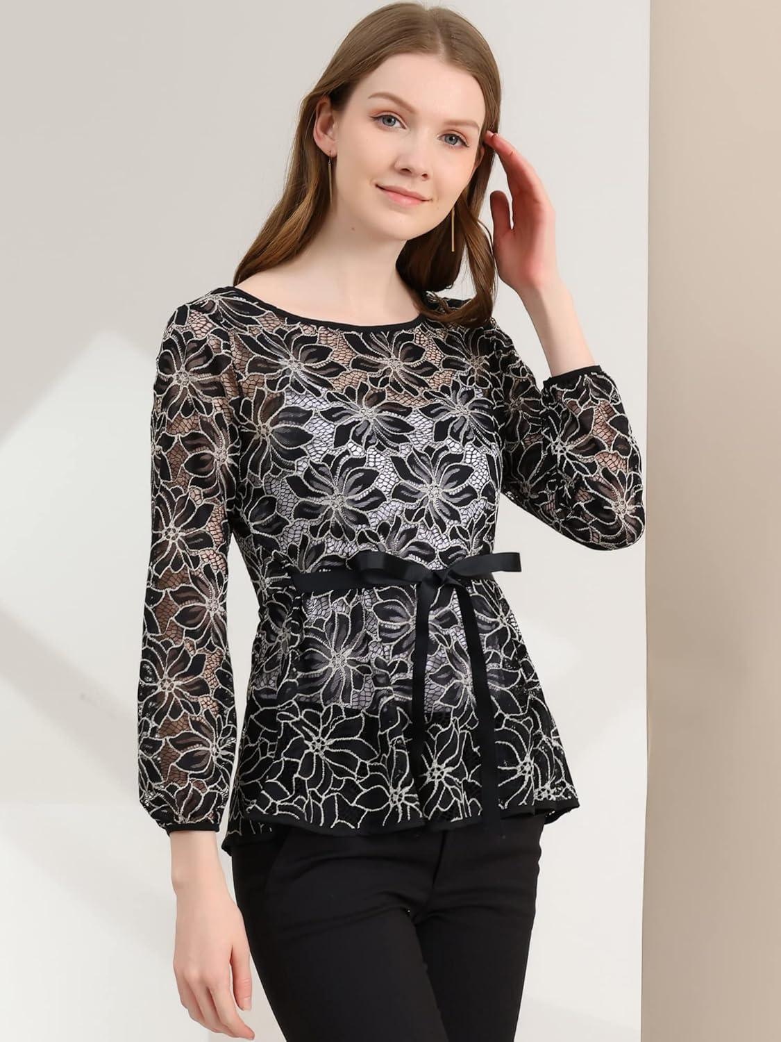 imageAllegra K Womens Elegant Tie Waist Long Sleeve Top Lace Peplum BlousesBlack