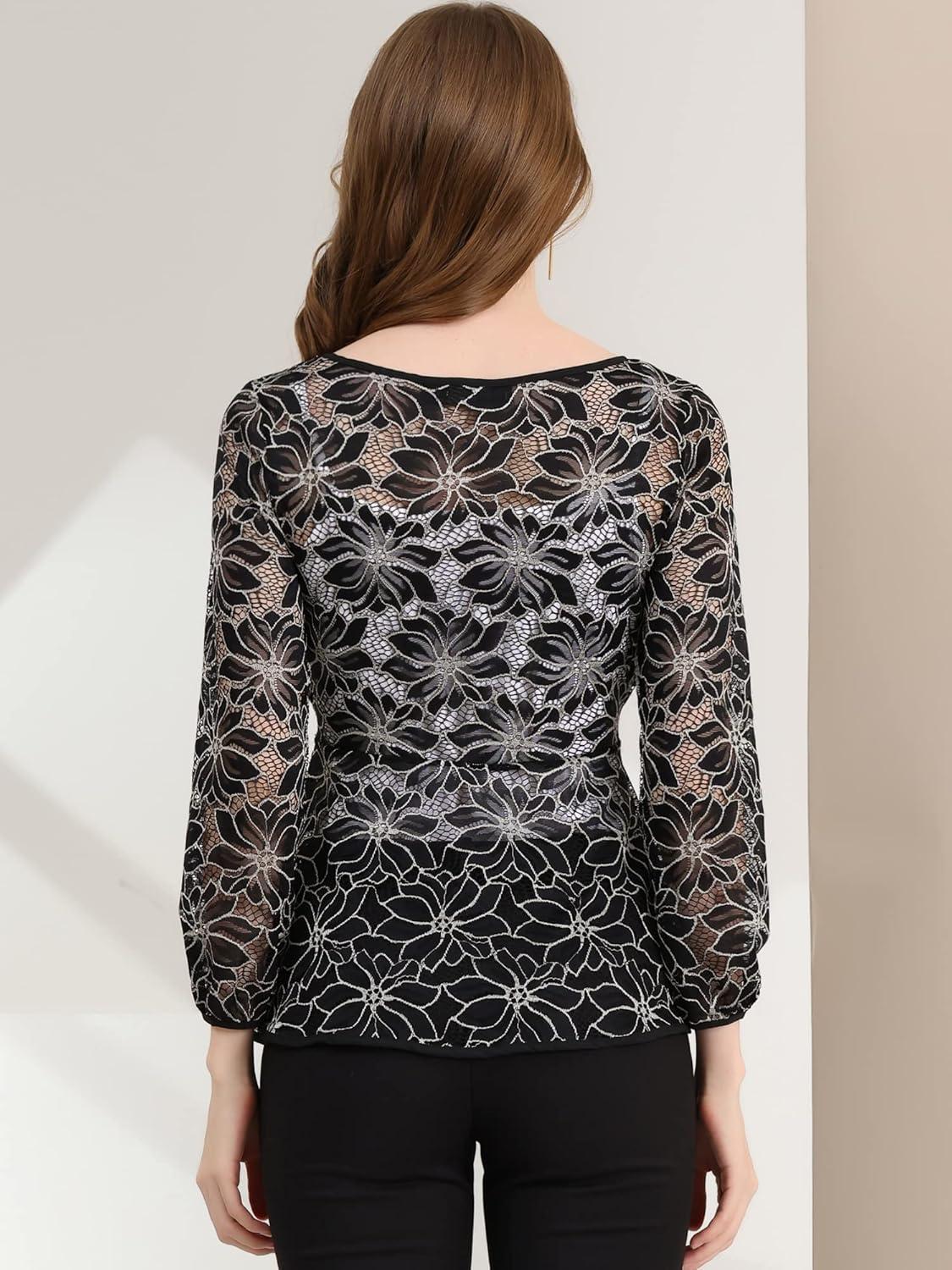 imageAllegra K Womens Elegant Tie Waist Long Sleeve Top Lace Peplum BlousesBlack