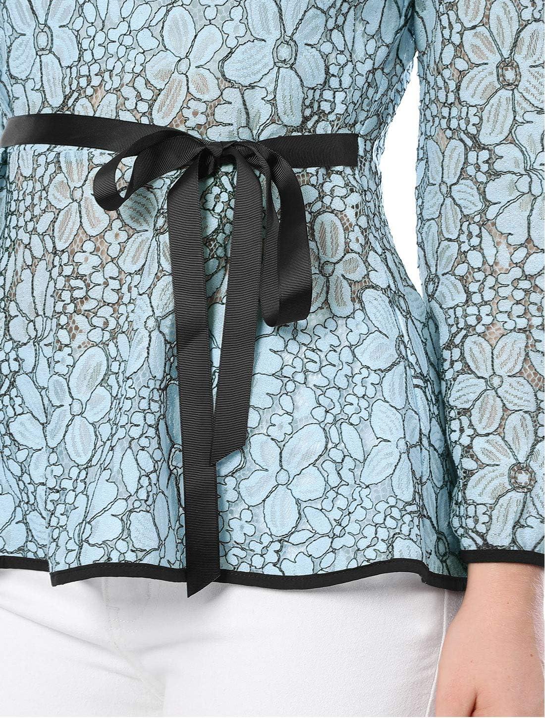 imageAllegra K Womens Elegant Tie Waist Long Sleeve Top Lace Peplum BlousesBlue