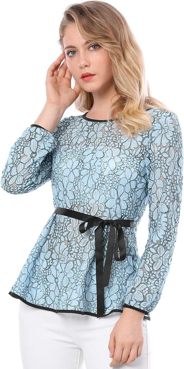 imageAllegra K Womens Elegant Tie Waist Long Sleeve Top Lace Peplum BlousesBlue