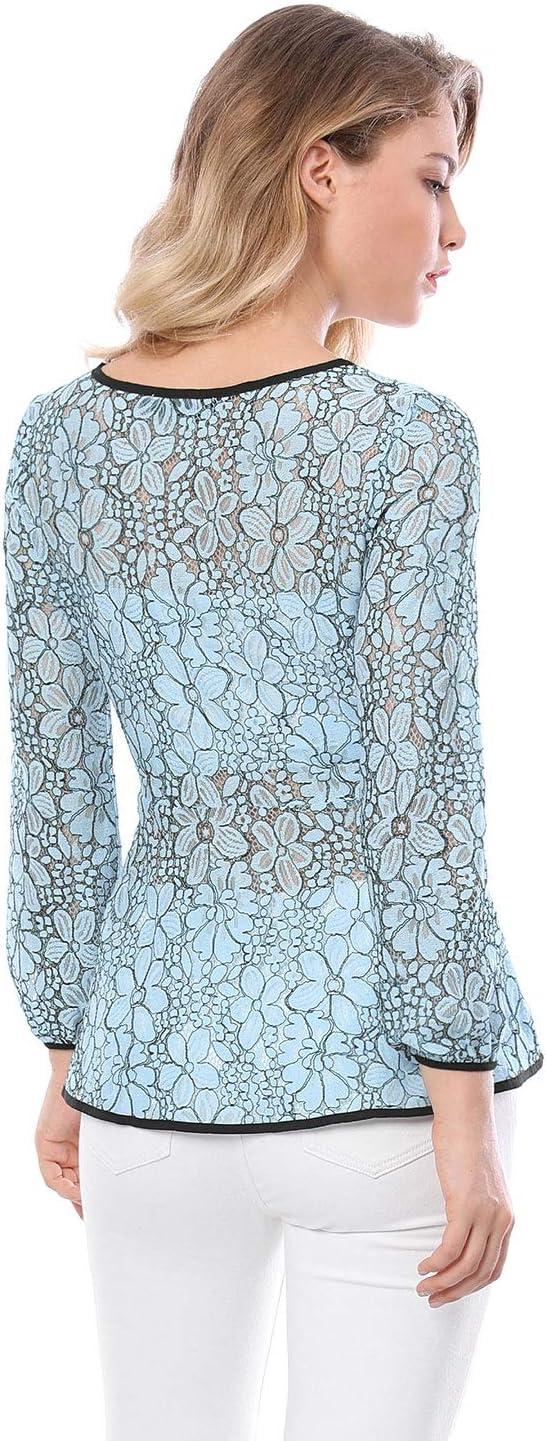 imageAllegra K Womens Elegant Tie Waist Long Sleeve Top Lace Peplum BlousesBlue