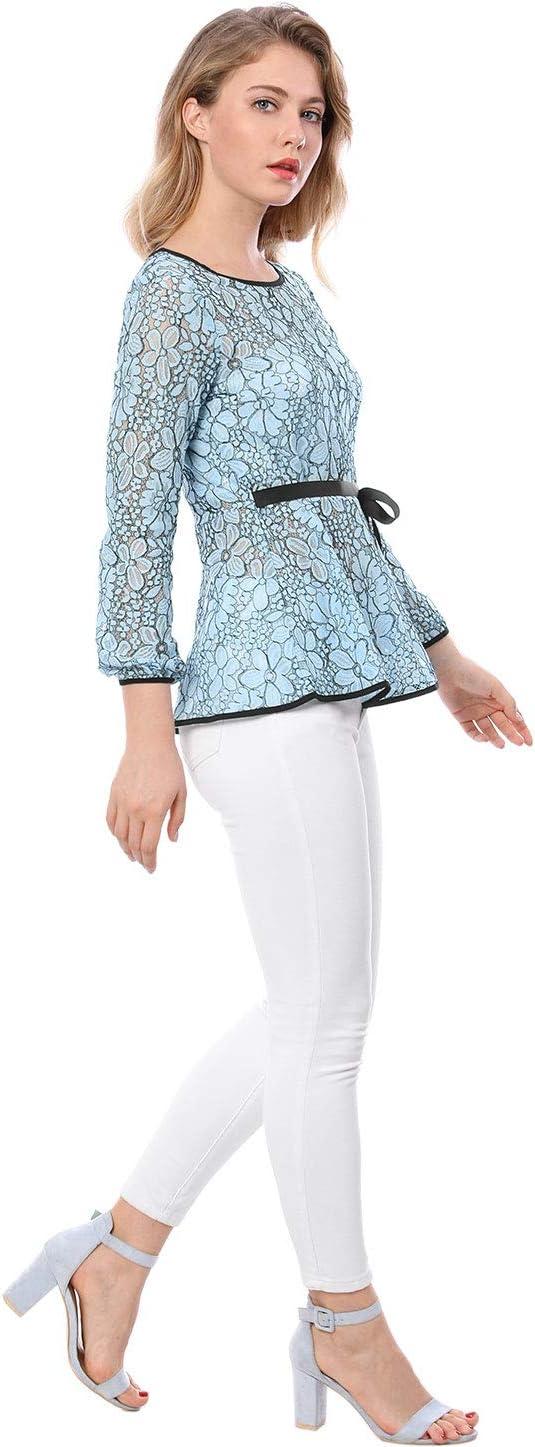 imageAllegra K Womens Elegant Tie Waist Long Sleeve Top Lace Peplum BlousesBlue
