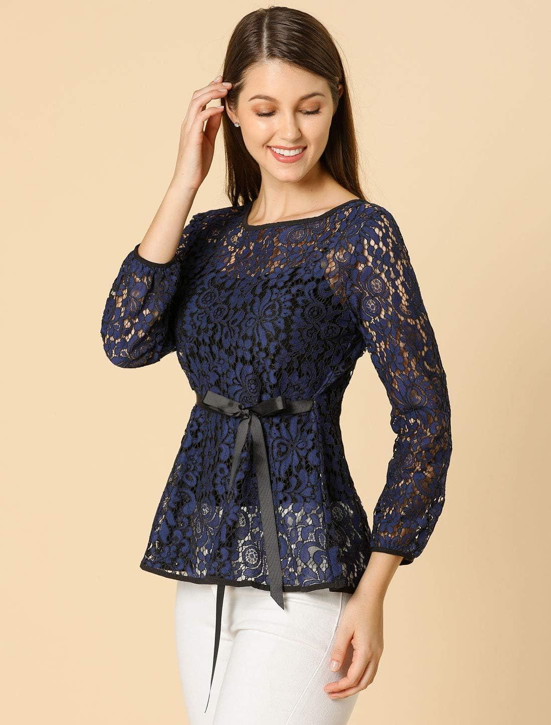 imageAllegra K Womens Elegant Tie Waist Long Sleeve Top Lace Peplum BlousesDark Blue