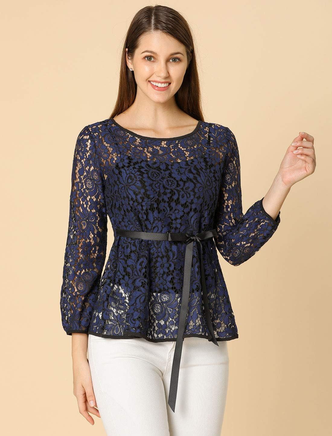 imageAllegra K Womens Elegant Tie Waist Long Sleeve Top Lace Peplum BlousesDark Blue