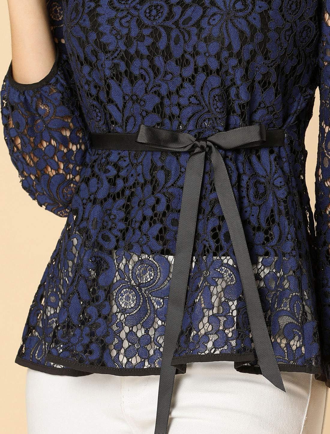 imageAllegra K Womens Elegant Tie Waist Long Sleeve Top Lace Peplum BlousesDark Blue