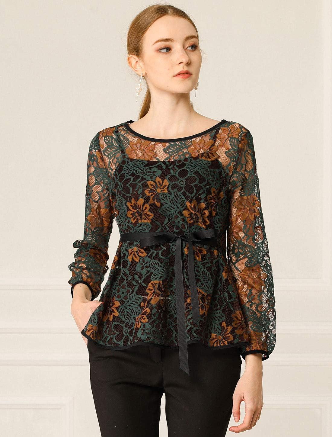 imageAllegra K Womens Elegant Tie Waist Long Sleeve Top Lace Peplum BlousesGreen