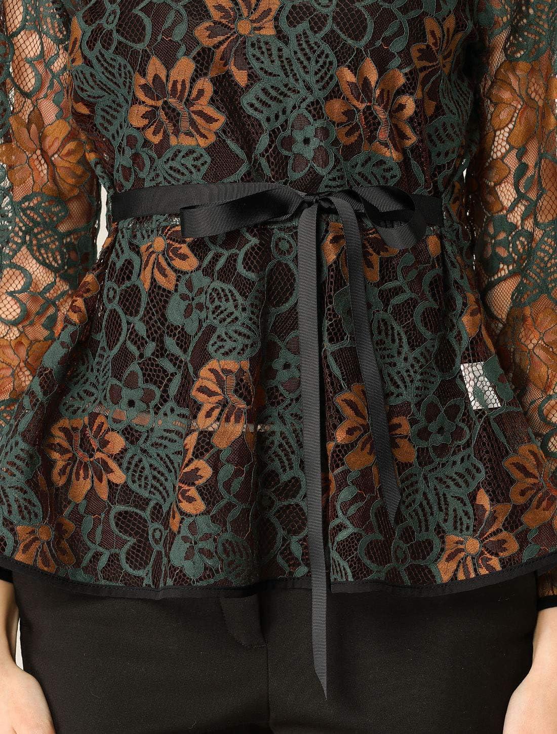 imageAllegra K Womens Elegant Tie Waist Long Sleeve Top Lace Peplum BlousesGreen