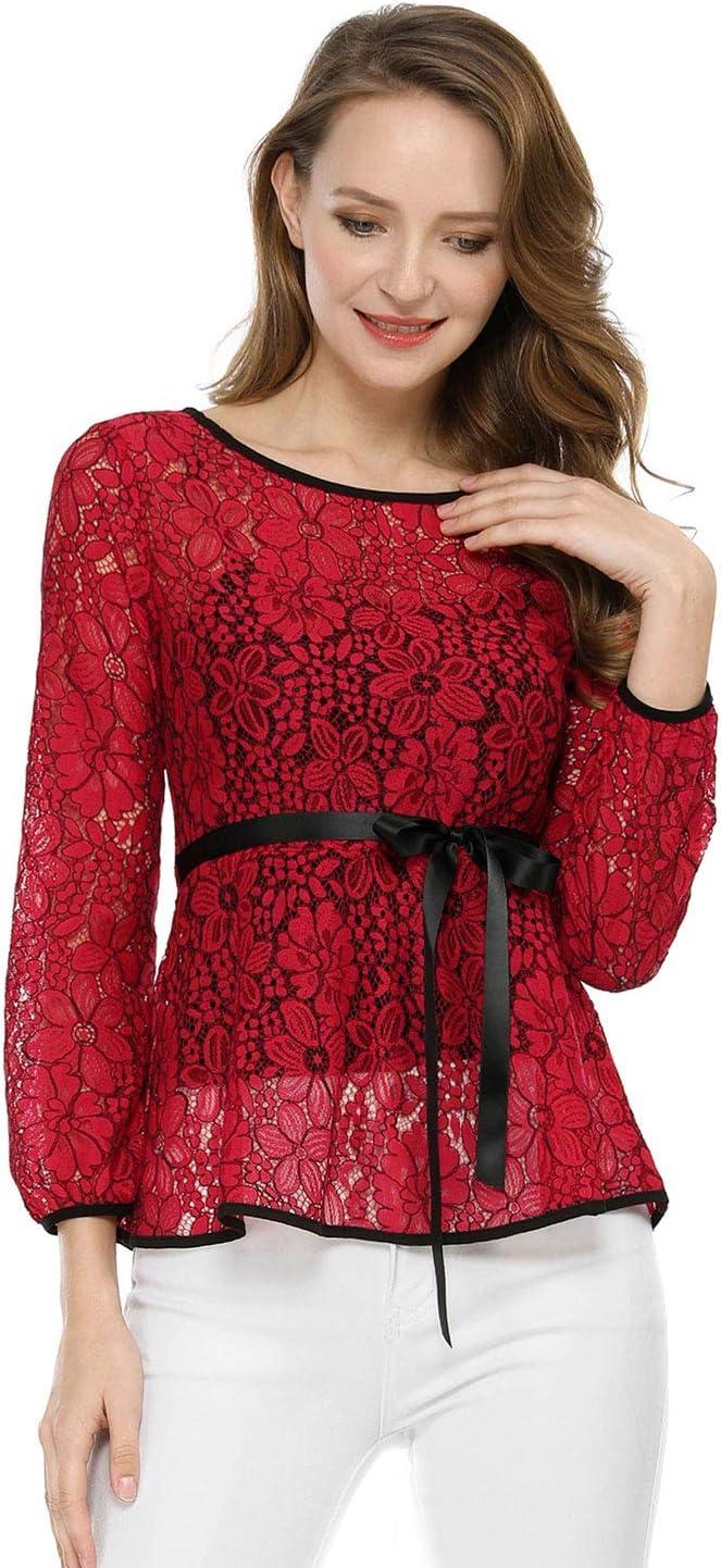 imageAllegra K Womens Elegant Tie Waist Long Sleeve Top Lace Peplum BlousesRed