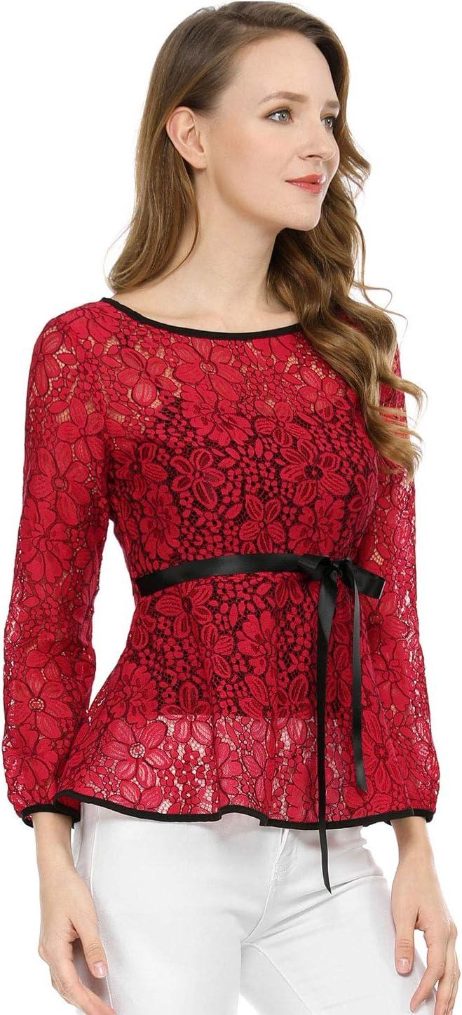 imageAllegra K Womens Elegant Tie Waist Long Sleeve Top Lace Peplum BlousesRed