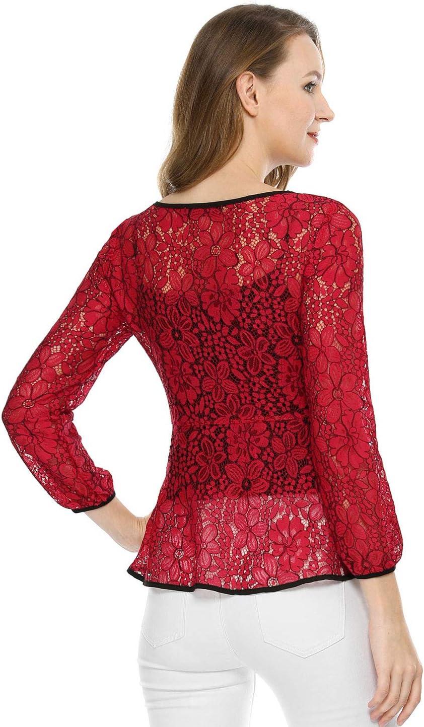 imageAllegra K Womens Elegant Tie Waist Long Sleeve Top Lace Peplum BlousesRed