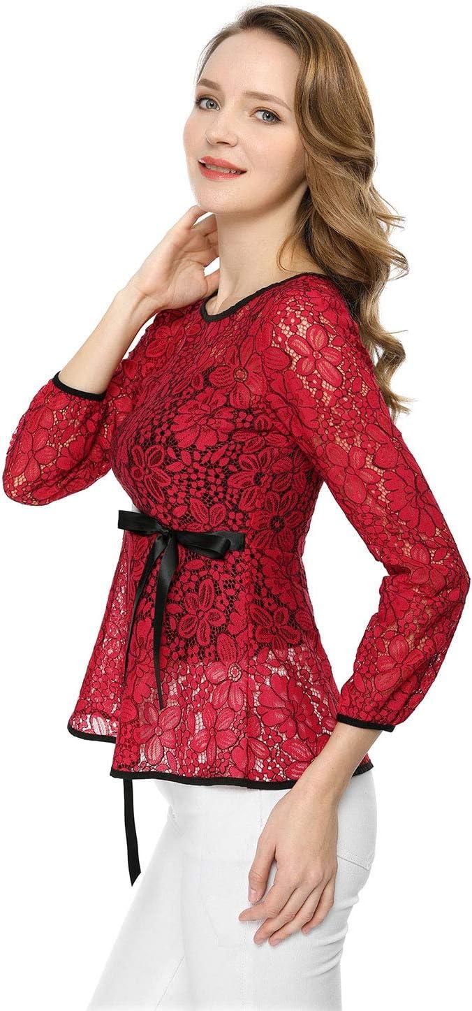 imageAllegra K Womens Elegant Tie Waist Long Sleeve Top Lace Peplum BlousesRed