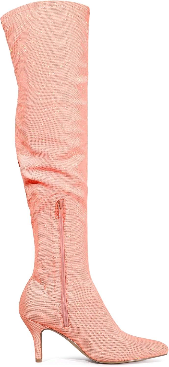 imageAllegra K Womens Glitter Pointed Toe Stiletto Heels Over the Knee High BootsLight Salmon