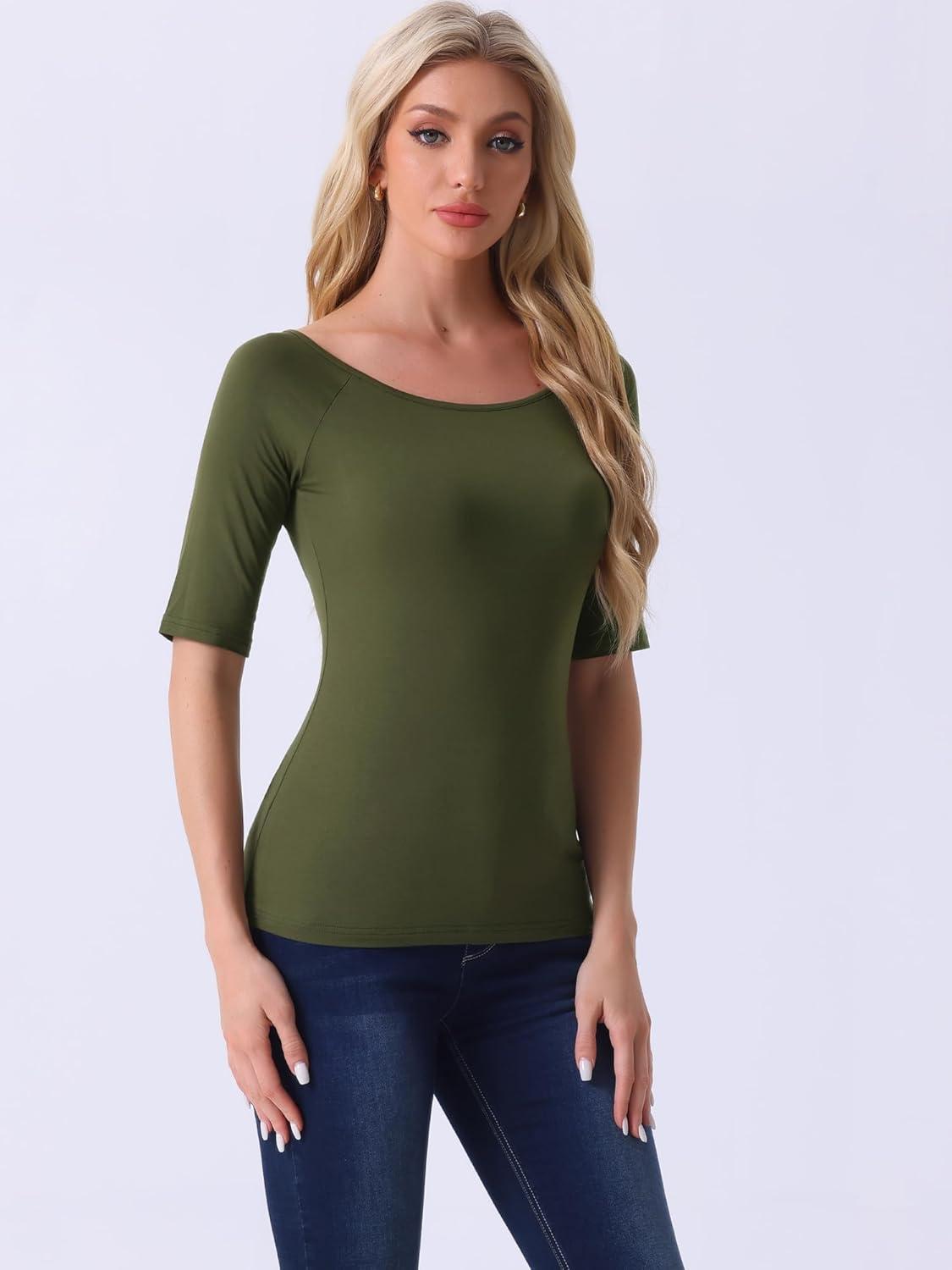 imageAllegra K Womens Half Sleeves Scoop Neck Fitted Layering Top Soft TShirtArmy Green