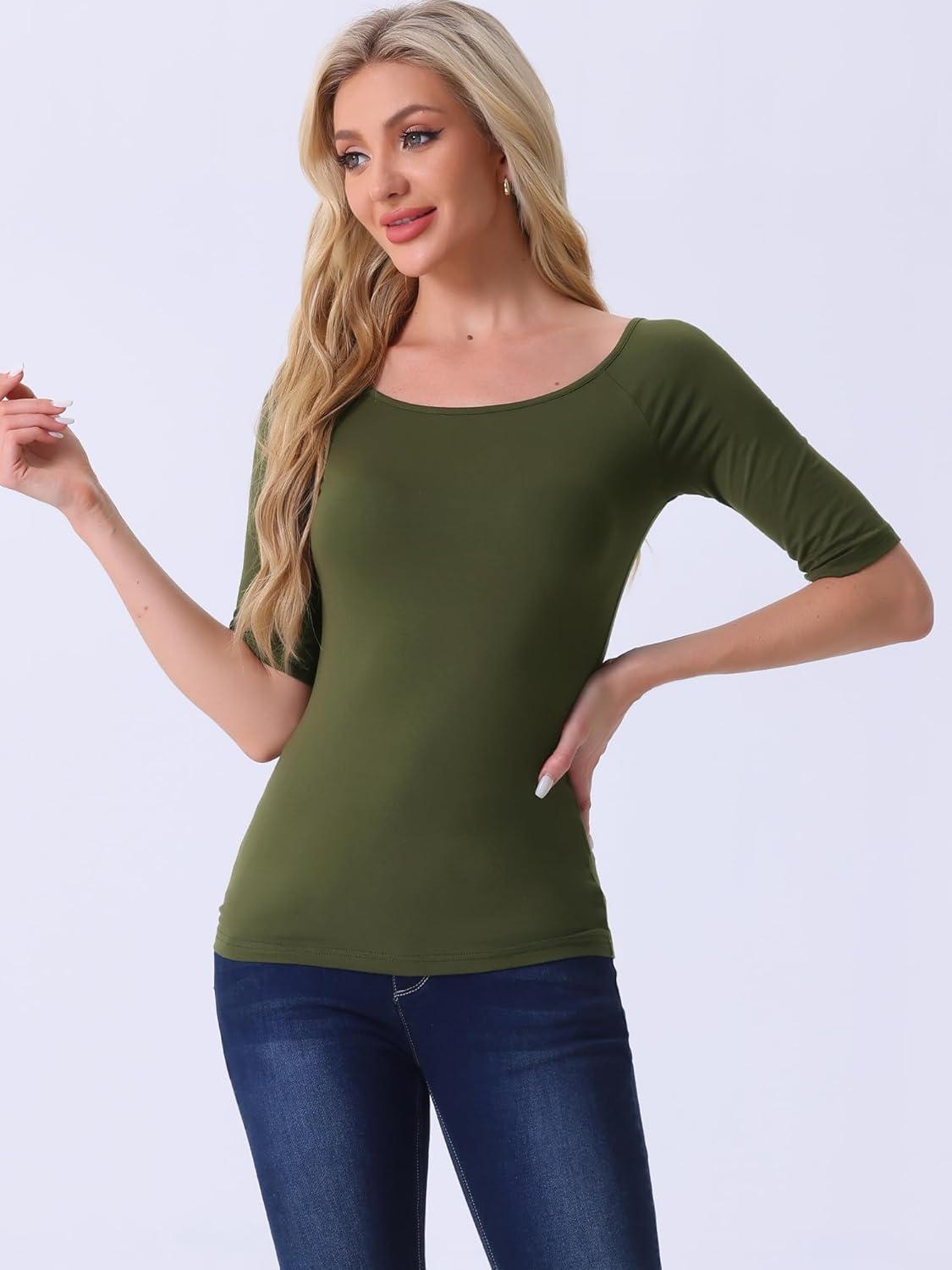 imageAllegra K Womens Half Sleeves Scoop Neck Fitted Layering Top Soft TShirtArmy Green