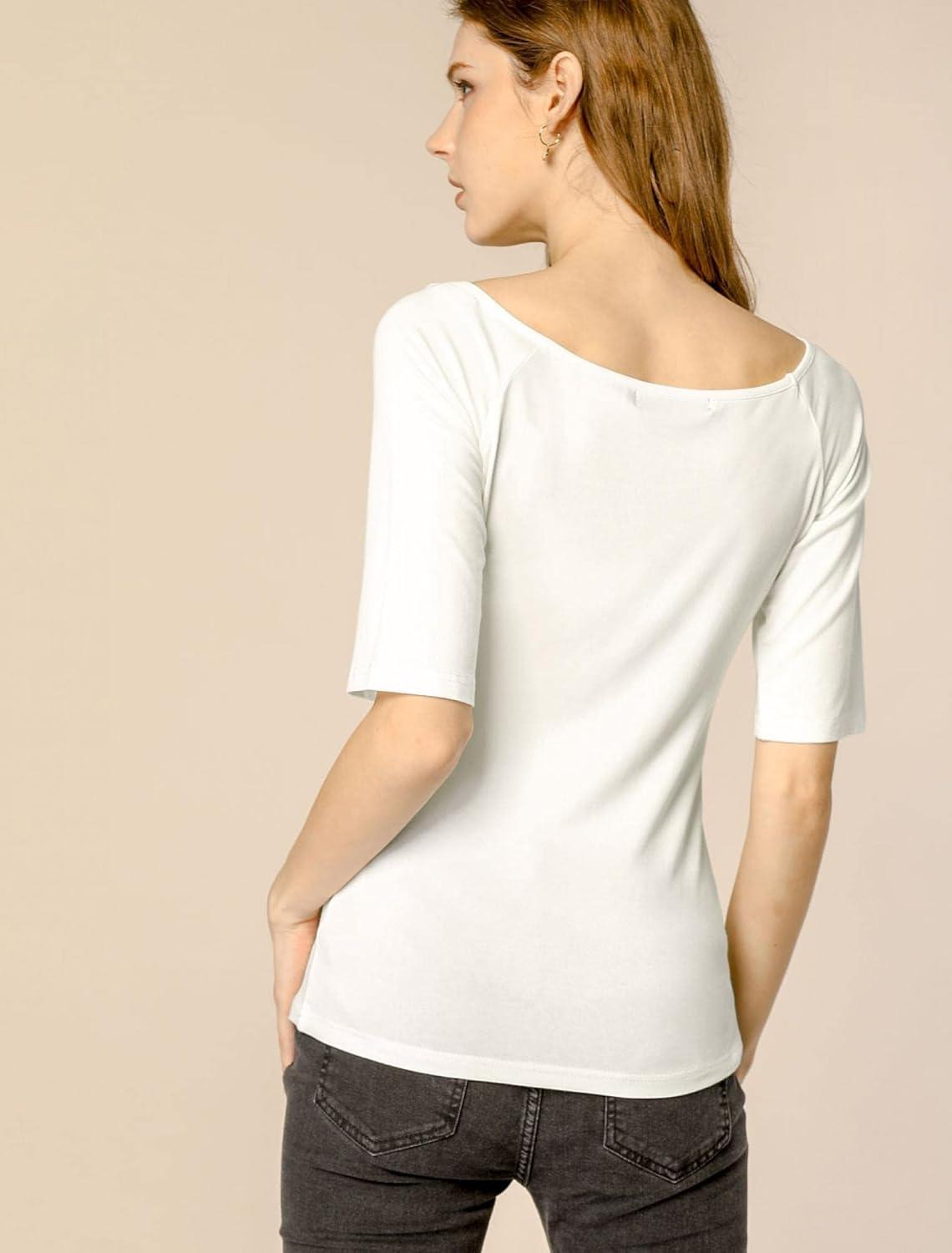 imageAllegra K Womens Half Sleeves Scoop Neck Fitted Layering Top Soft TShirtBeige