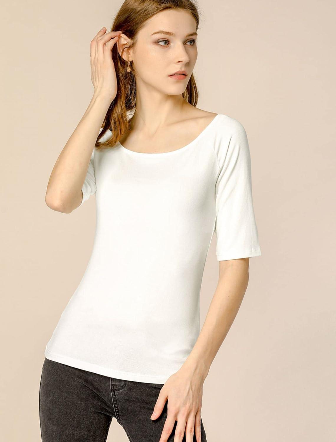 imageAllegra K Womens Half Sleeves Scoop Neck Fitted Layering Top Soft TShirtBeige