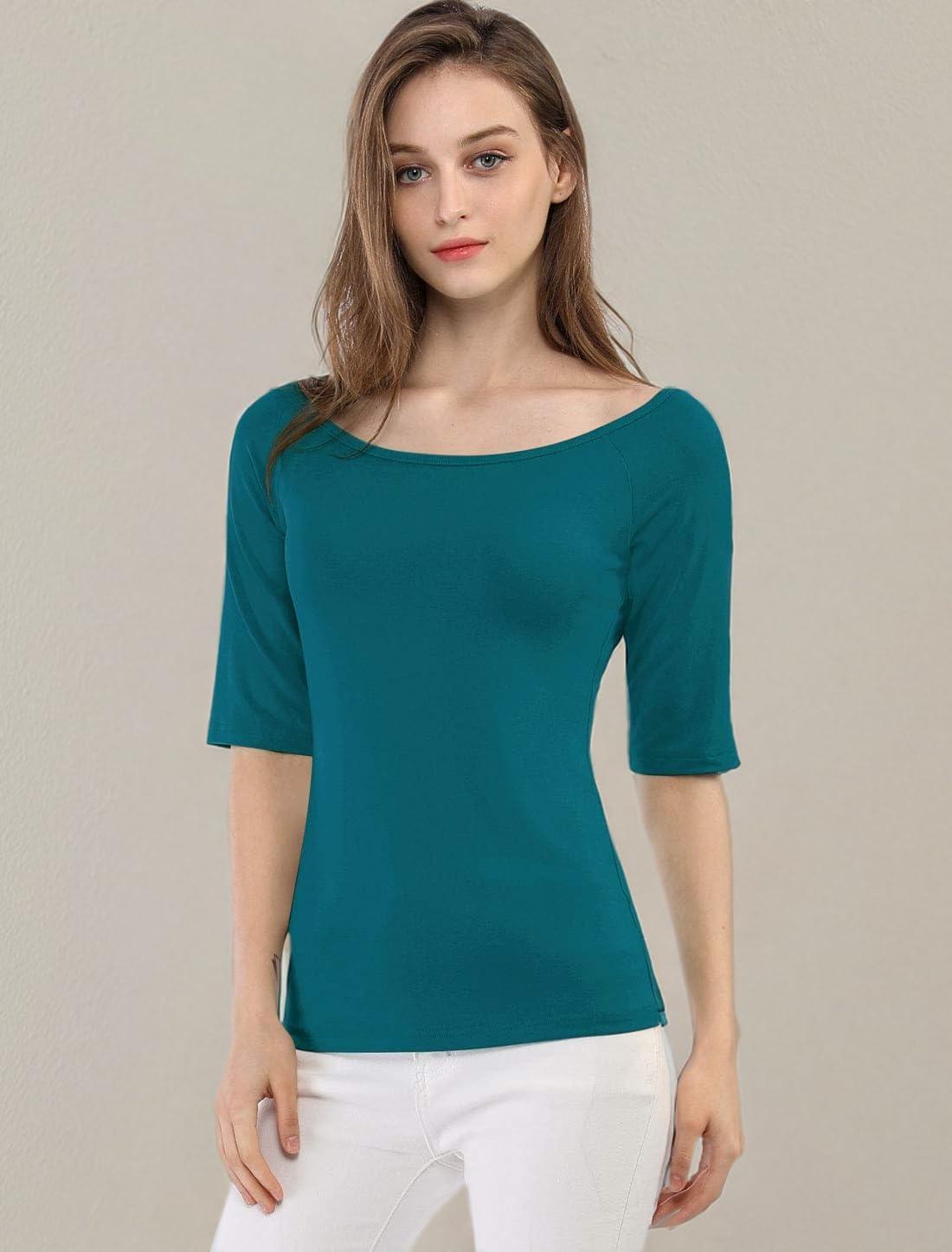 imageAllegra K Womens Half Sleeves Scoop Neck Fitted Layering Top Soft TShirtBlue Green