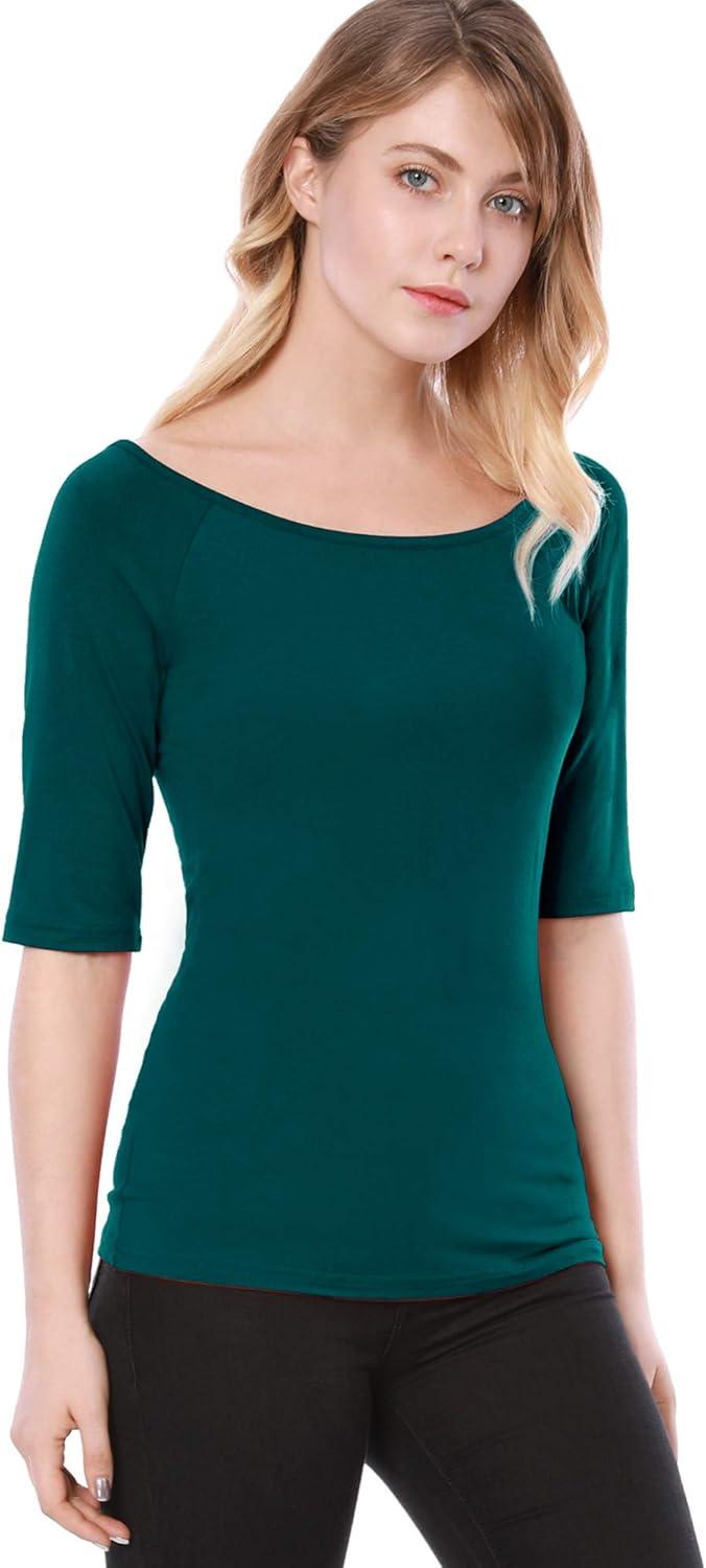 imageAllegra K Womens Half Sleeves Scoop Neck Fitted Layering Top Soft TShirtDark Green