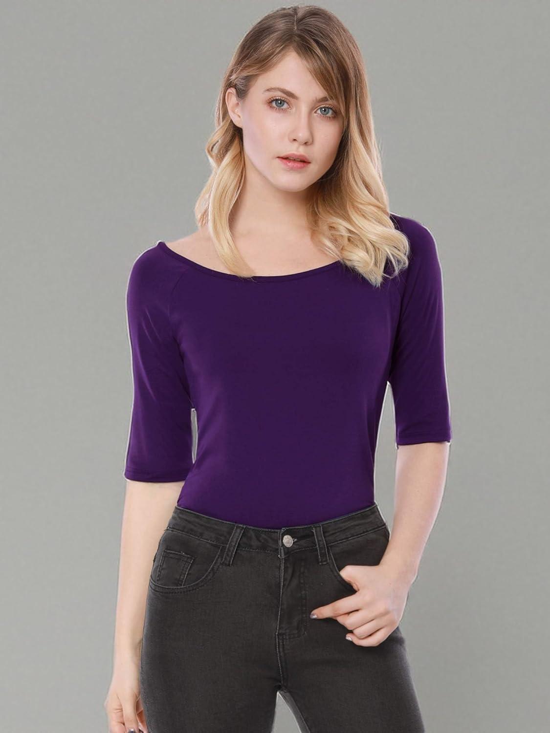 imageAllegra K Womens Half Sleeves Scoop Neck Fitted Layering Top Soft TShirtDark Purple
