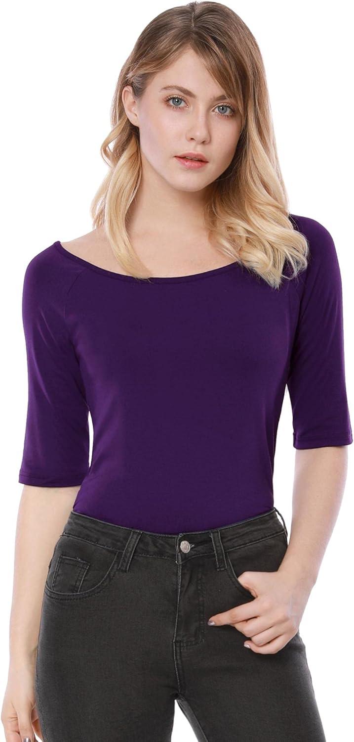 imageAllegra K Womens Half Sleeves Scoop Neck Fitted Layering Top Soft TShirtDark Purple