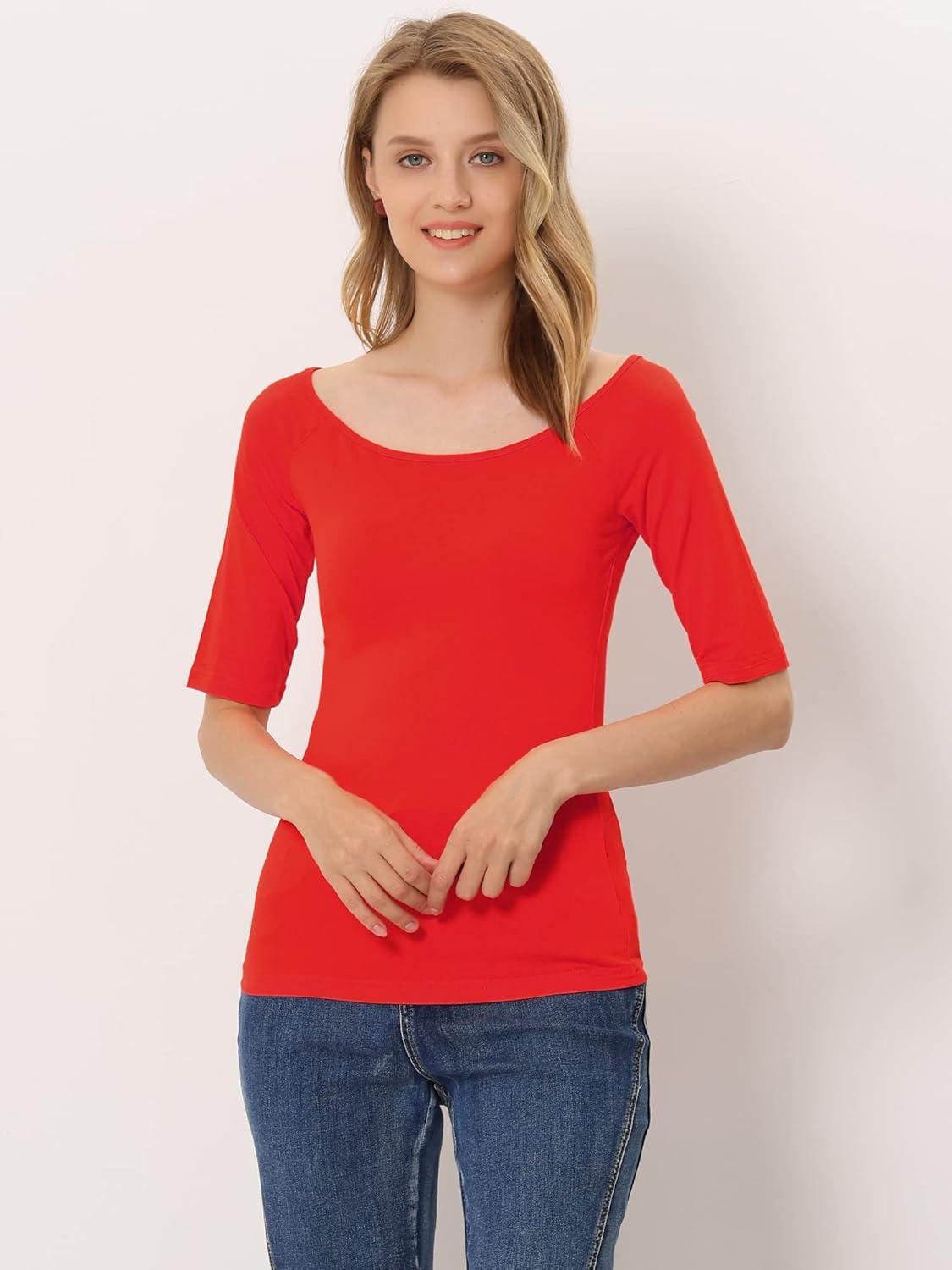 imageAllegra K Womens Half Sleeves Scoop Neck Fitted Layering Top Soft TShirtDeep Red