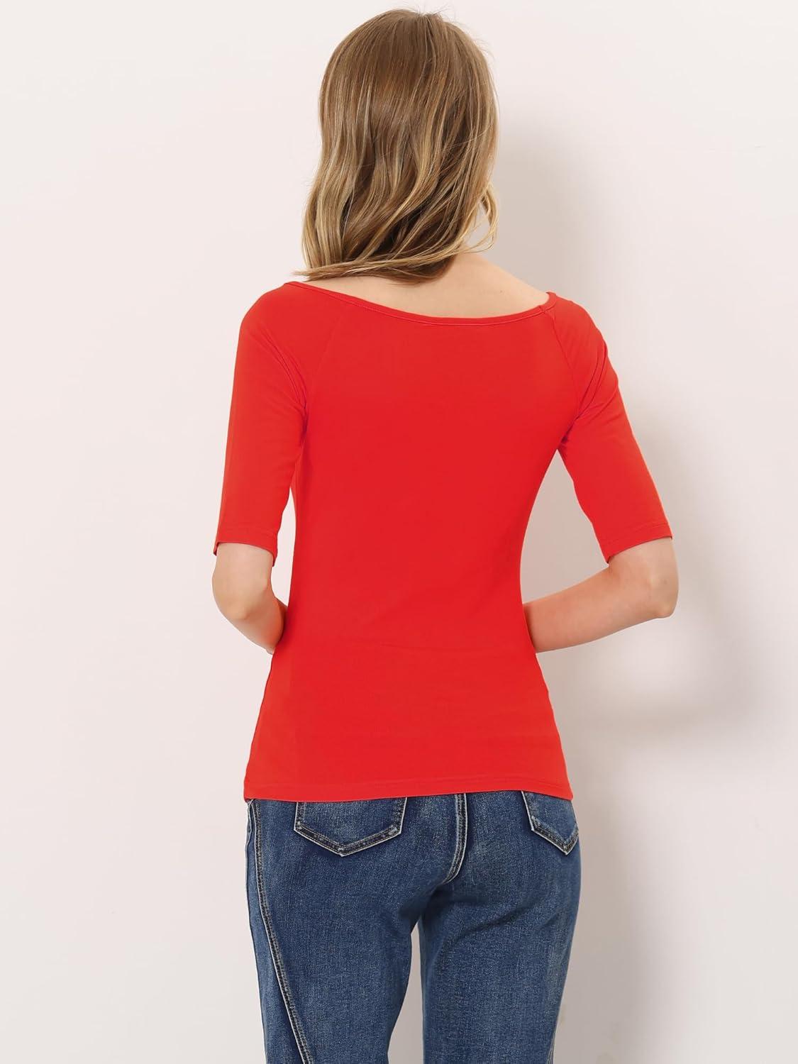 imageAllegra K Womens Half Sleeves Scoop Neck Fitted Layering Top Soft TShirtDeep Red