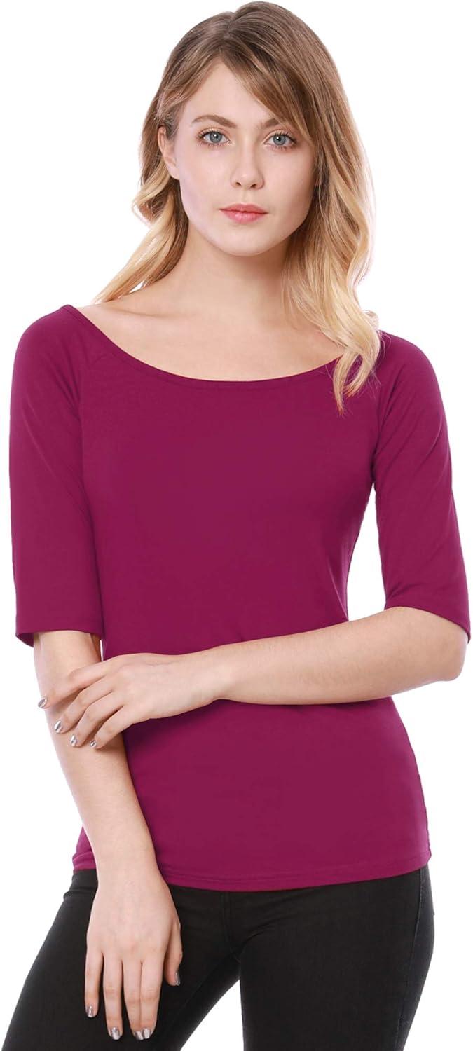 imageAllegra K Womens Half Sleeves Scoop Neck Fitted Layering Top Soft TShirtFuchsia