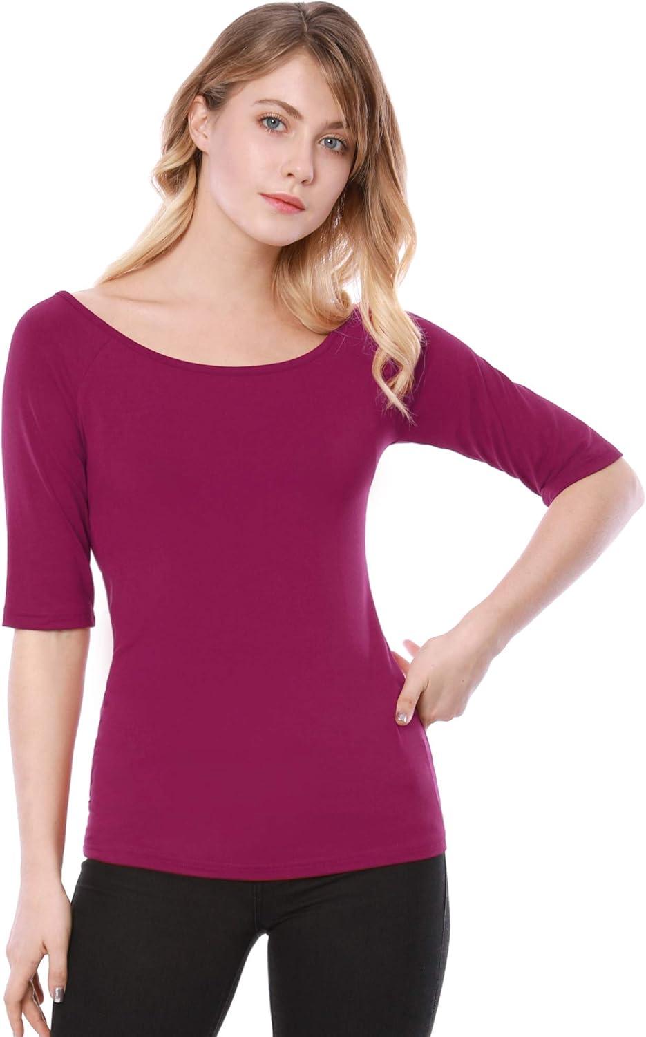 imageAllegra K Womens Half Sleeves Scoop Neck Fitted Layering Top Soft TShirtFuchsia