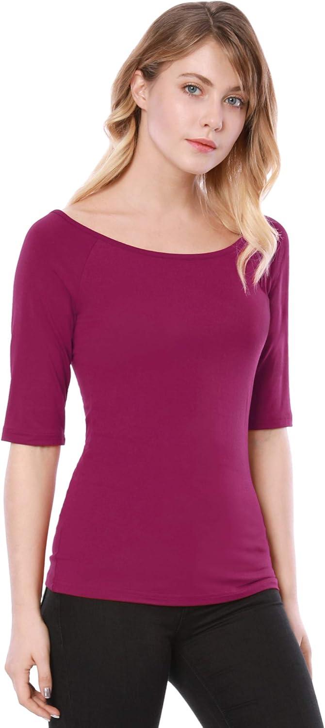 imageAllegra K Womens Half Sleeves Scoop Neck Fitted Layering Top Soft TShirtFuchsia