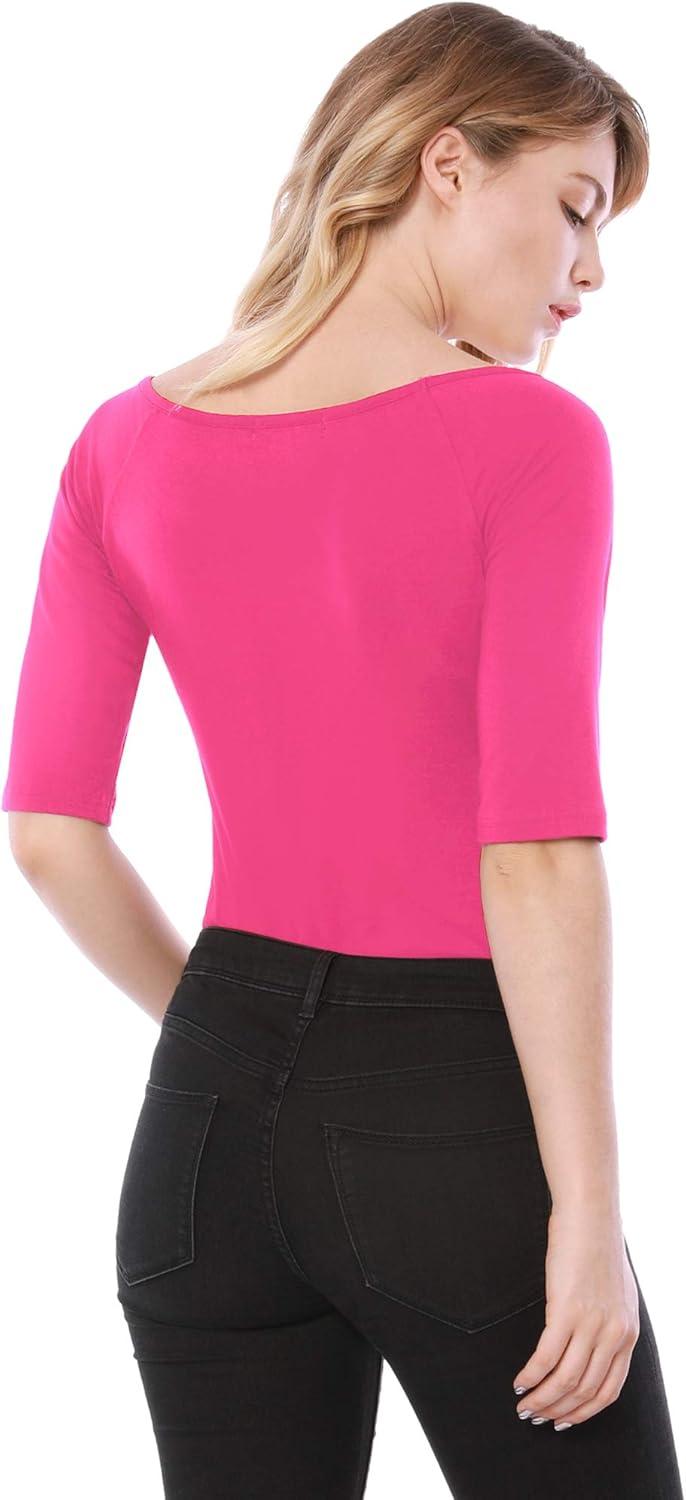 imageAllegra K Womens Half Sleeves Scoop Neck Fitted Layering Top Soft TShirtHot Pink