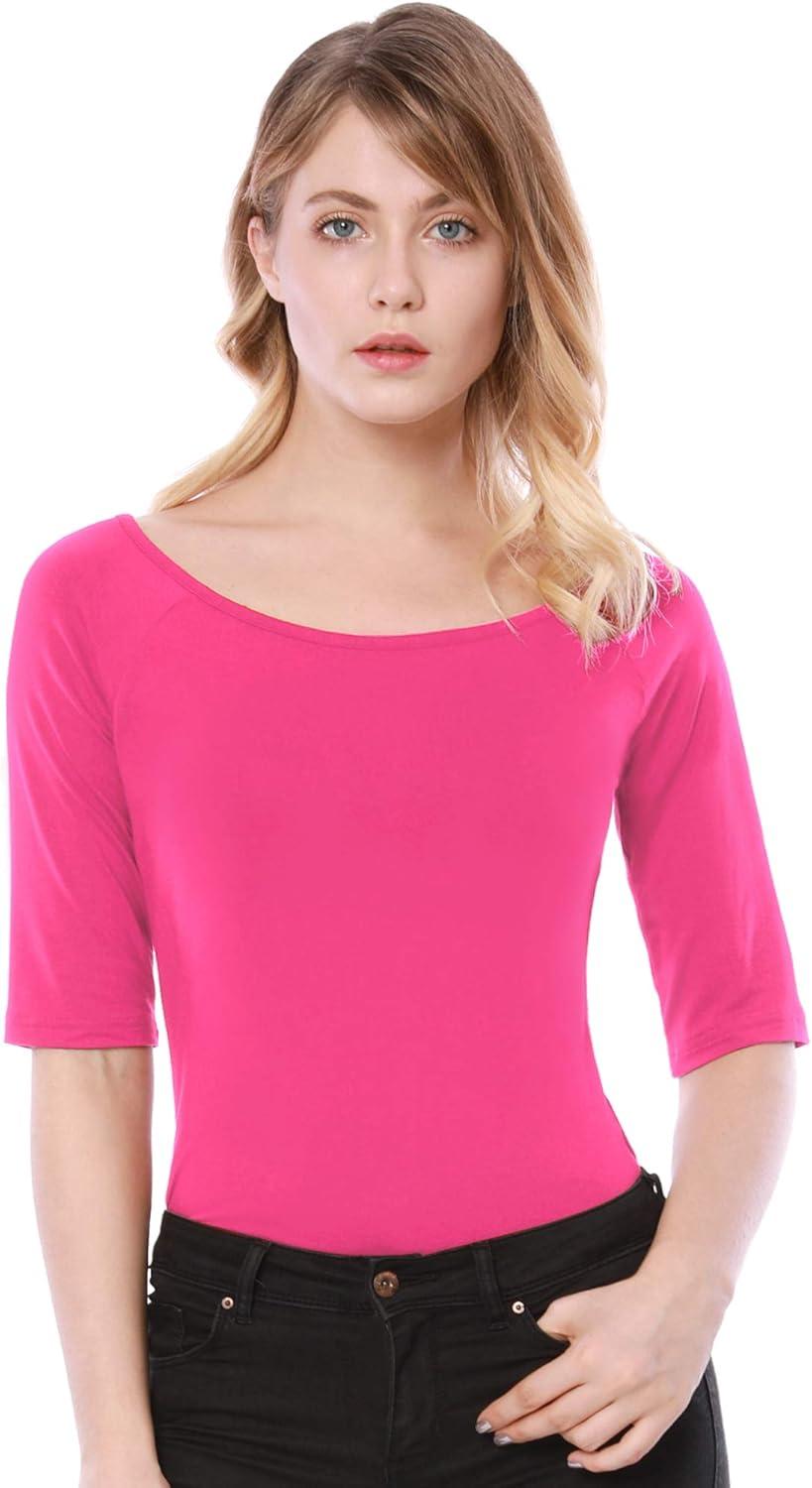 imageAllegra K Womens Half Sleeves Scoop Neck Fitted Layering Top Soft TShirtHot Pink