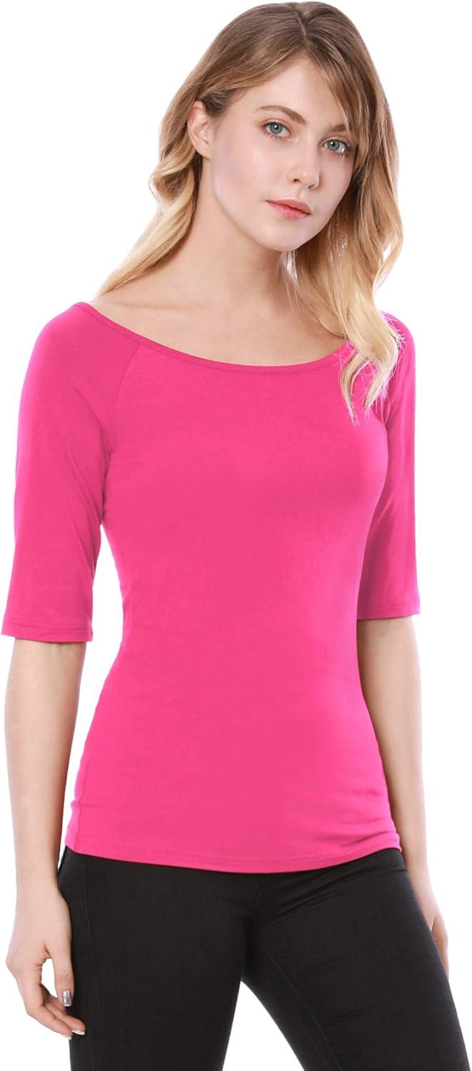 imageAllegra K Womens Half Sleeves Scoop Neck Fitted Layering Top Soft TShirtHot Pink