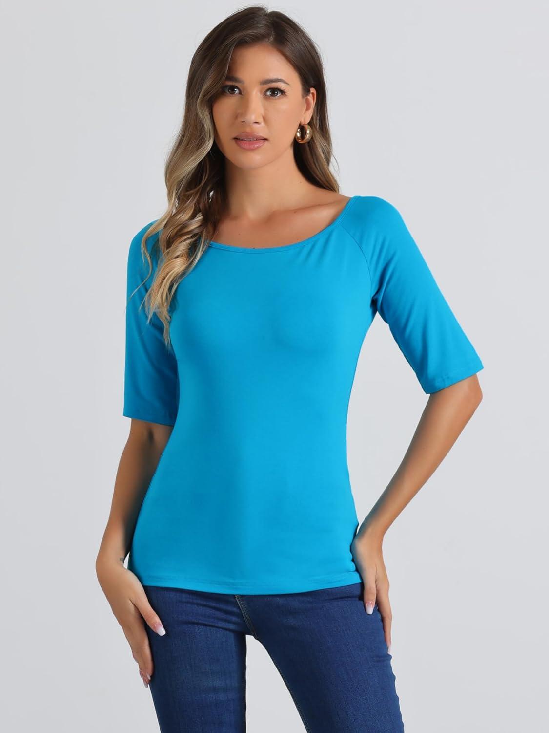 imageAllegra K Womens Half Sleeves Scoop Neck Fitted Layering Top Soft TShirtLake Blue