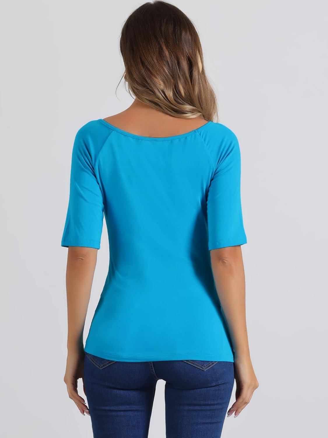 imageAllegra K Womens Half Sleeves Scoop Neck Fitted Layering Top Soft TShirtLake Blue