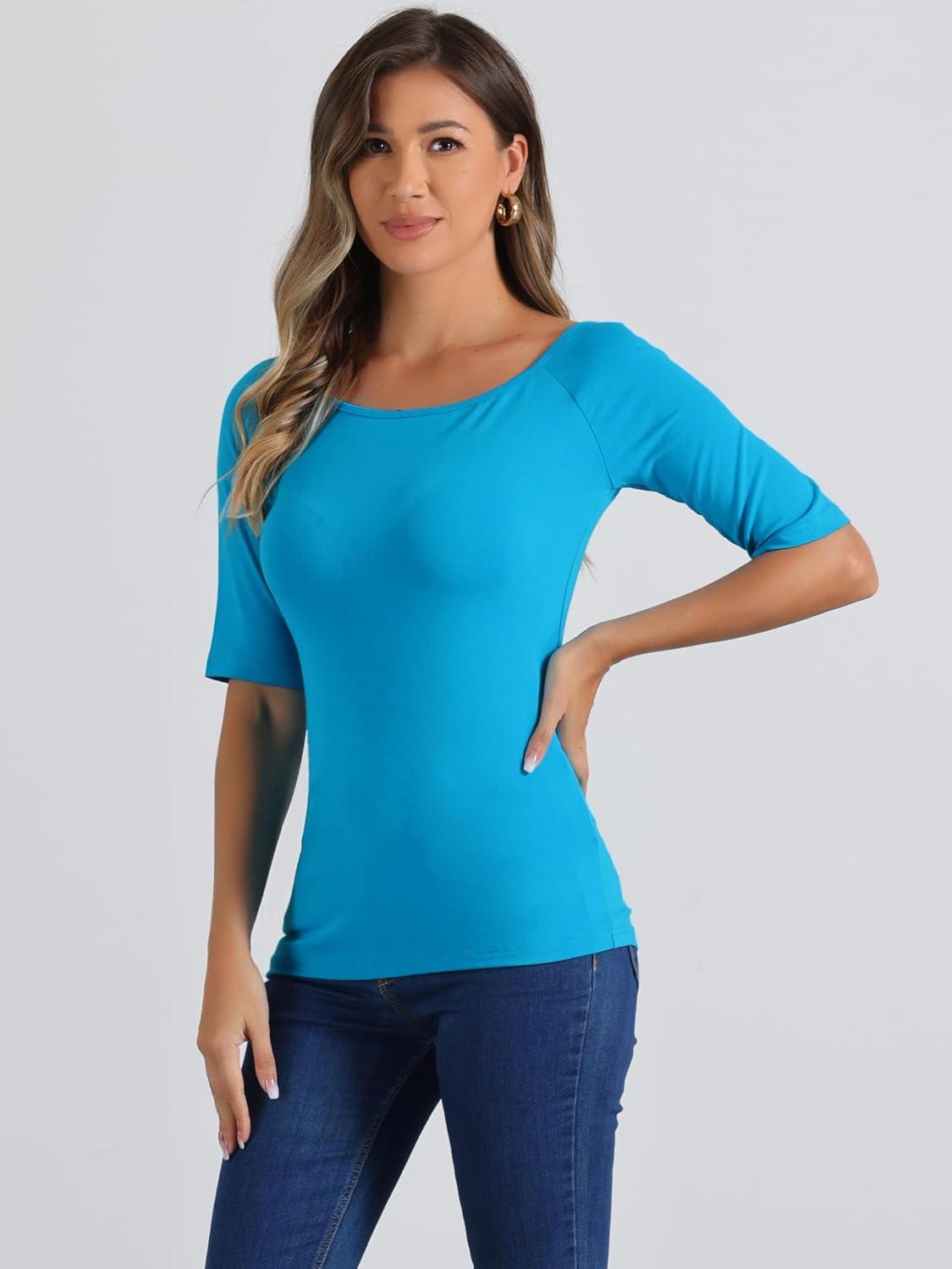 imageAllegra K Womens Half Sleeves Scoop Neck Fitted Layering Top Soft TShirtLake Blue