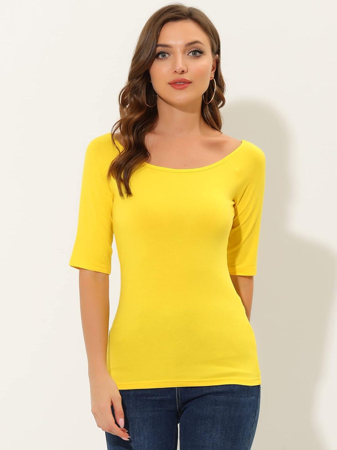 imageAllegra K Womens Half Sleeves Scoop Neck Fitted Layering Top Soft TShirtLemon Yellow