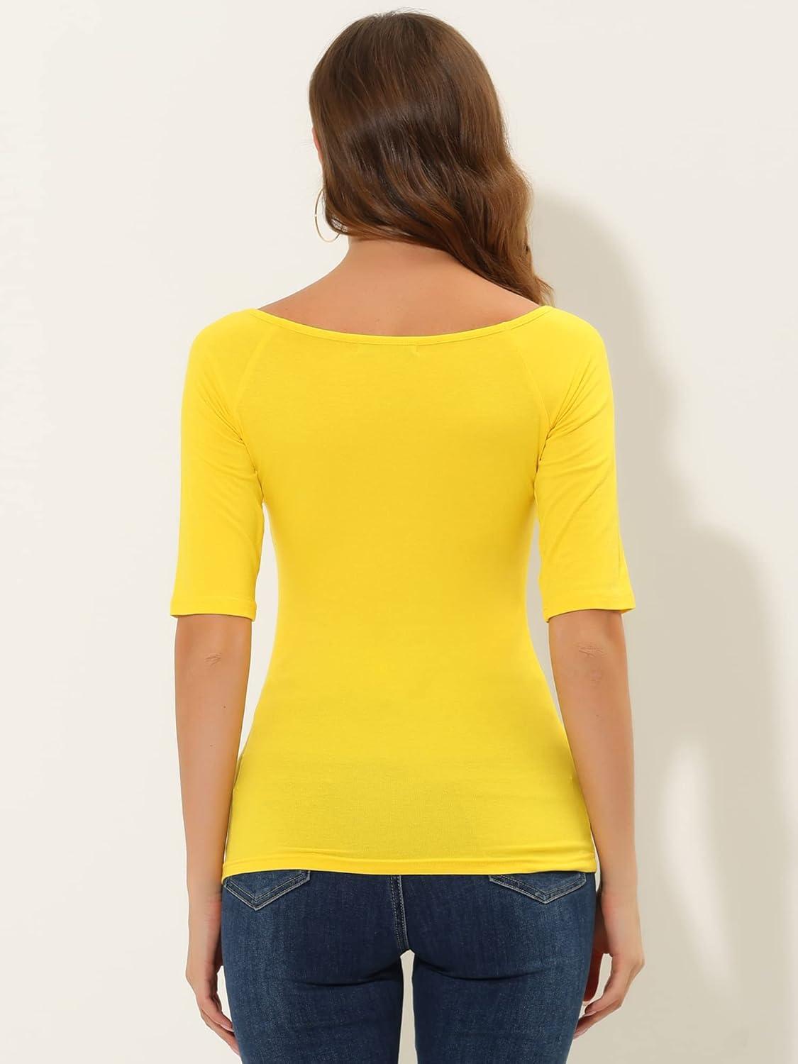 imageAllegra K Womens Half Sleeves Scoop Neck Fitted Layering Top Soft TShirtLemon Yellow